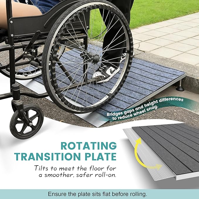Threshold Ramps for Wheelchairs, Adjustable Height 3.3"-6.6" and 36"×36" Platform Aluminum Wheelchair Ramp, Door Threshold Ramps with a Non-Slip Thick Door Mat for Scooters, Power Chairs, Cart