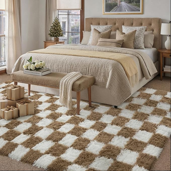 Checkered Rug 5x7 for Living Room, Brown and White Modern Shag Rugs Super Soft Washable Indoor Office Fuzzy Carpet Non-Slip Fluffy Rugs for Bedroom Home Aesthetic Decor