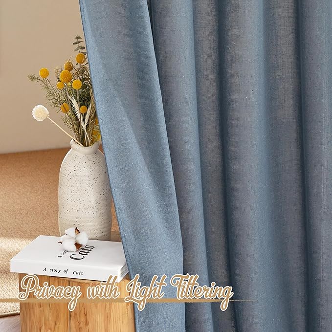 NICETOWN Stone Blue Linen Curtains 108 inches Long, Rod Pocket & Back Tab Flax Linen Burlap Semi Sheer Privacy with Light Filtering Window Treatments for Bedroom, W52 x L108, 2 Panels