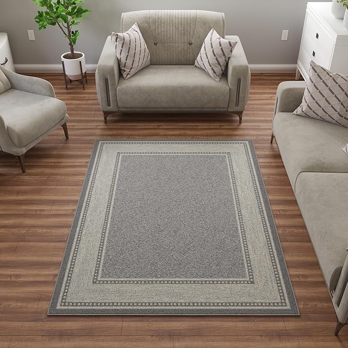 Ottomanson 5' x 6'6" Rugs for Living Room Border Area Rug for Bedroom - Non Slip Durable Large Floor Carpet for High Traffic Areas - Indoor Rug for Dining Room Kitchen Kids Playroom, Light Gray