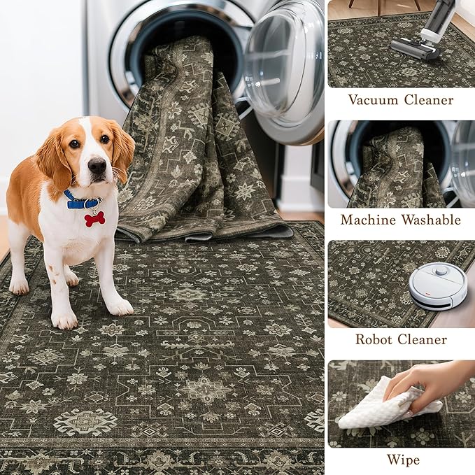 LBRO2M Farmhouse Washable Rugs 5X7 for Living Room Bedroom Vintage Non Slip Rugs Easy Clean, Low Piles Stain Resistant Carpet Distressed Area Rug Great for Pets and Family (5'X7' Dark Brown)