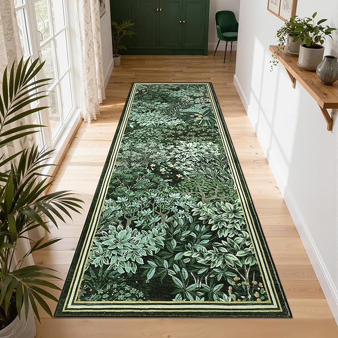 GarveeHome Forest Runner Rug, Dark Green Washable Runner Rug 2x6 for Kitchen, Botanical Low Pile Non Slip Stain Resistance Woodland Hallway Rug for Entryway Bedroom Laundry Room