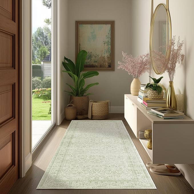 Sage Green 2x6 Runner Rug for Hallway Bathroom Washable Non Slip Vintage Boho Floral Long Runners Rugs for Entryway Indoor Bath Floor Kitchen Light Green Low Pile 2x6 Laundry Room Rug Runner