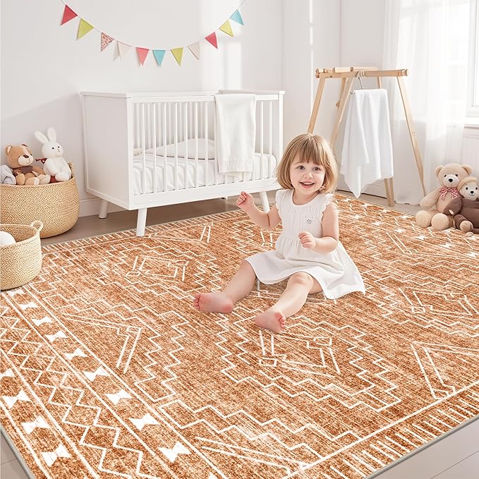8x10 Area Rugs Living Room Rug: Washable Rug Neutral Lagre Soft Thin Carpet Indoor Floor Non Slip Boho Geometric Moroccan Carpets for Bedroom Dining Room Farmhouse Nursery Office - Dark Brown