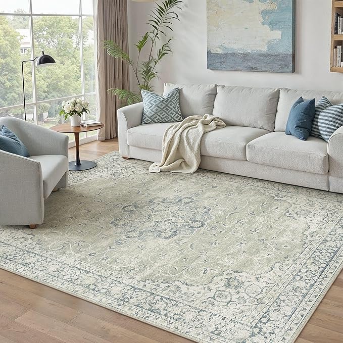 HUGEAR Machine Washable Area Rugs 5x7 Vintage Sage Green Living Room Bedroom Rug Neutral Style Non Slip Stain Resistant Low Pile Throw Carpet for Home Retro Aesthetic Modern Decor