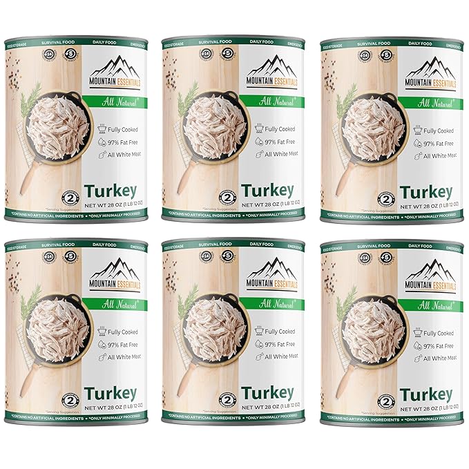 MOUNTAIN ESSENTIALS All Natural Canned Turkey 28 Oz – Fully Cooked, Ready to Eat White Meat – Pantry Staple for Daily Meals, Emergency, Survival & Camping – 5-Year Shelf Life – Made in USA – 6 Pack