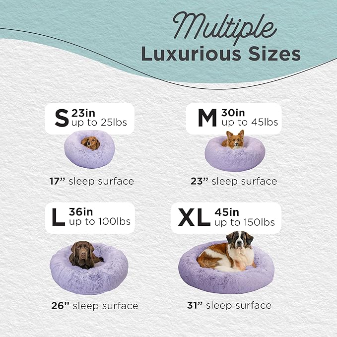 Best Friends by Sheri Original Calming Donut Dog and Cat Bed, Shag Faux Fur, Lavender, (30in x 30in) - Anxiety Relief for Pets Up to 45 lbs
