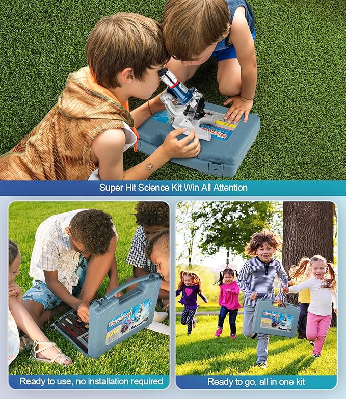 58-Piece Kids Microscope Kit - 100X-1200X Magnification, Metal Body, LED Light, Carrying Box - Science Experiment Toy for Kids Ages 5-12