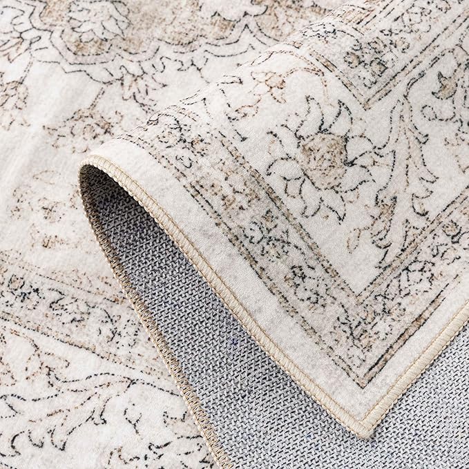 Beige Area Rug 7x10 Washable Living Room Carpet Vintage Non Slip Soft Bedroom Indoor Office Retro Low Pile Thin Oriental Medallion Large Rug for Dining Room Bathroom Playroom