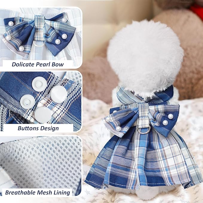 Dog Dress Bowknot Harness Leash Set for Small Dogs Girl Cute Plaid Dog Dress Pearls Bow Tie Spring Summer Princess Clothes Birthday Holiday Doggie Outfits for Puppy Cats Girl Apparel (Red, Medium)