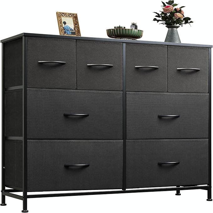 WLIVE Dresser for Bedroom with 8 Drawers, Wide Fabric Dresser for Storage and Organization, Bedroom Dressers, Chest of Drawers for Living Room, Closet, Hallway, Black