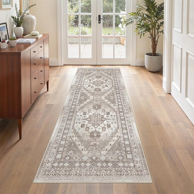 Washable Runner Rug 2x6 Hallway Runner Rug Ultra-Thin Kitchen Rug Non Slip Indoor Floor Foldable Carpet with Low Pile for Entryway Bathroom Laundry Room Living Room(Brown/Beige,2'x6')