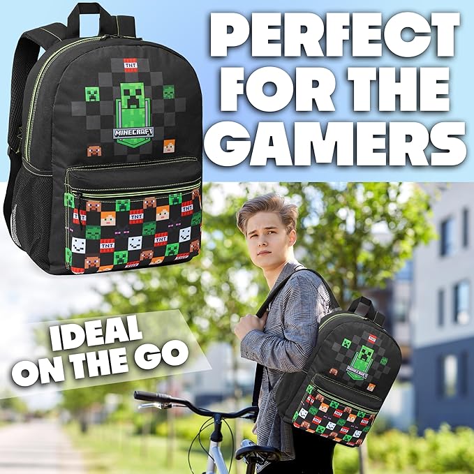 Minecraft Backpack for Boys Kids Teens Adjustable Straps Front Pocket Daypack Backpacks for Sports Gym School Gamer Gifts (Black)