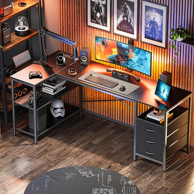 Huuger L Shaped Desk with Power Outlets, 63 Inch Reversible Computer Desk with 3 Drawers and Shelves, Home Office Table for Corner Work Study Writing Gaming, Black