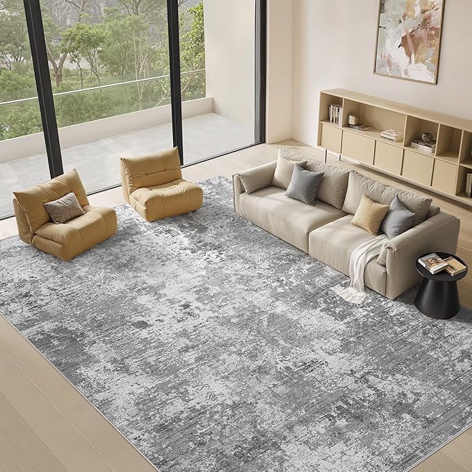 Area Rugs for Living Room: 6x9 Abstract Washable Rug Modern Neutral Large Soft Stain Resistant Non-Slip Backing Machine Table for Bedroom Dining Room Indoor Home Office Carpet - Light Grey