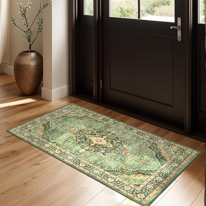 Green Runner Rug 2x4 Rugs Boho Small Washable Runner Rugs for Entryway Bathroom Kitchen, Small Rugs Soft Low Pile Non-Slip Rubber Backing Oriental Door Mat