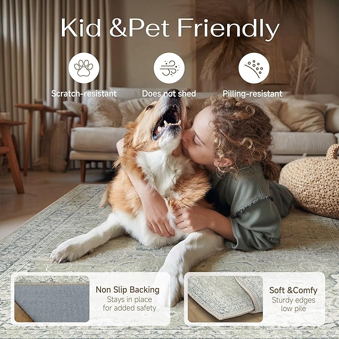 HUGEAR Machine Washable Area Rugs 6x9 Vintage Sage Green Living Room Bedroom Rug Neutral Style Non Slip Stain Resistant Low Pile Throw Carpet for Home Retro Aesthetic Modern Decor