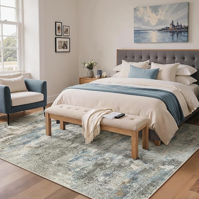 Area Rugs 8x10 for Living Room Bedroom, Modern Abstract Machine Washable Rug, Large Soft Low Pile Floor Carpet with Non Slip Backing for Dining Room, Blue/Taupe