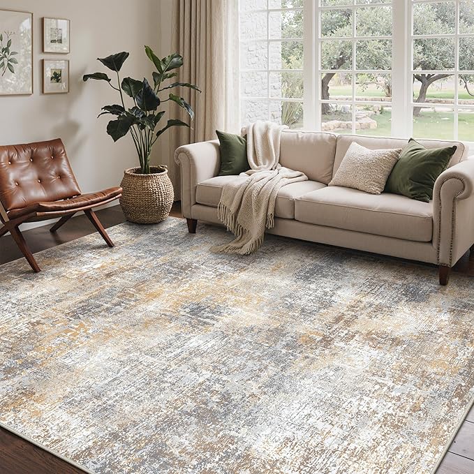Bavni 8x10 Area Rugs Machine Washable Rug for Living Room, Modern Printed Rug Indoor Soft Area Rug for Bedroom Dining Room, Ultra-Thin Low Pile Carpet with Non Slip Rubber Backing, Ocher Gray