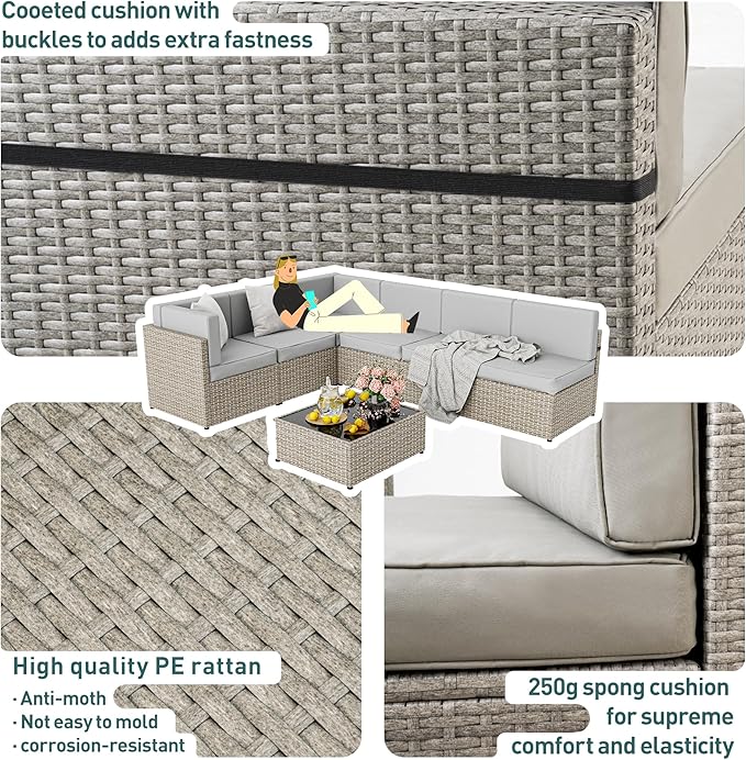 Pamapic 7-Piece Outdoor Sectional Furniture Set, All-Weather Wicker Patio Sofa with Washable Cushions, Gray Waterproof Rattan Conversation Set for Backyard, Poolside, Garden (Gray Cushions)