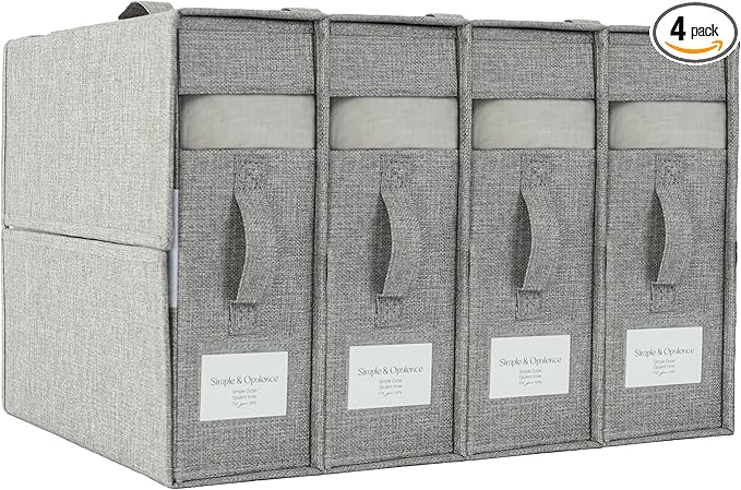 Simple&Opulence 4 Pack Bed Sheet Organizers and Storage, Linen Closet Organizers, Sheets Set Folder Storages with Window and Label (Queen/King Size) Organizing Bedding Container, Grey