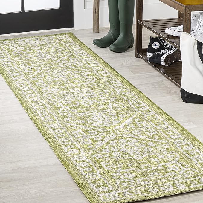 JONATHAN Y Boho Medallion Indoor Outdoor Runner Rug 2X10 Green/Cream, Malta Textured Weave for Backyard, Patio, Porch, Easy-Cleaning, High Traffic, Pet-Friendly, Non-Shedding (SMB104D-210)