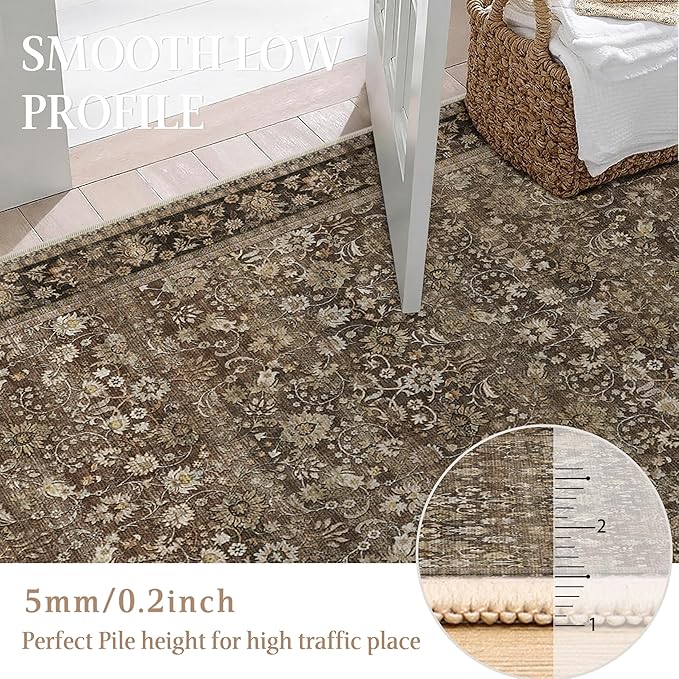 HUGEAR 2x12 Runner Rug Machine Washable Brown Hallway Area Rug Indoor Accent Rug Floral Low Pile Carpet Soft Throw Rug Bedroom Living Room Office Dining Room Kitchen Laundry Room Non Slip