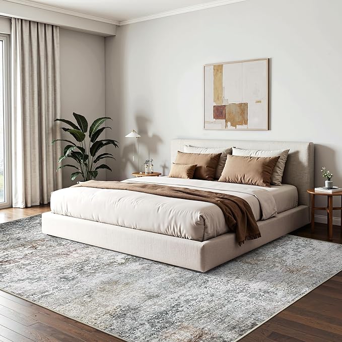Art&Tuft Washable Rug, Anti-Slip Backing Abstract Area Rugs, Stain Resistant Rugs for Living Room, Foldable Machine Washable Area Rug(6'x9', Grey/Rust)
