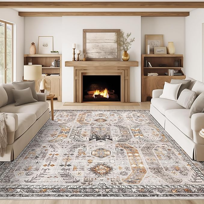 Washable Rug 8x10 Area Rugs for Living Room - Stain Resistant Non-Slip Backing Rugs for Bedroom,Ultra-Thin Vintage Large Area Rug (Brown/Gold, 8'x10')