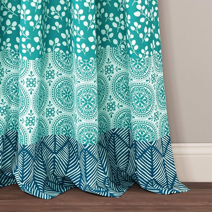 Lush Decor Bohemian Stripe Window Curtain Panels, Pair, 52" W x 108" L Blue & Green - Light Filtering Curtains for Bedroom - Boho Curtains - Maximalist Decor