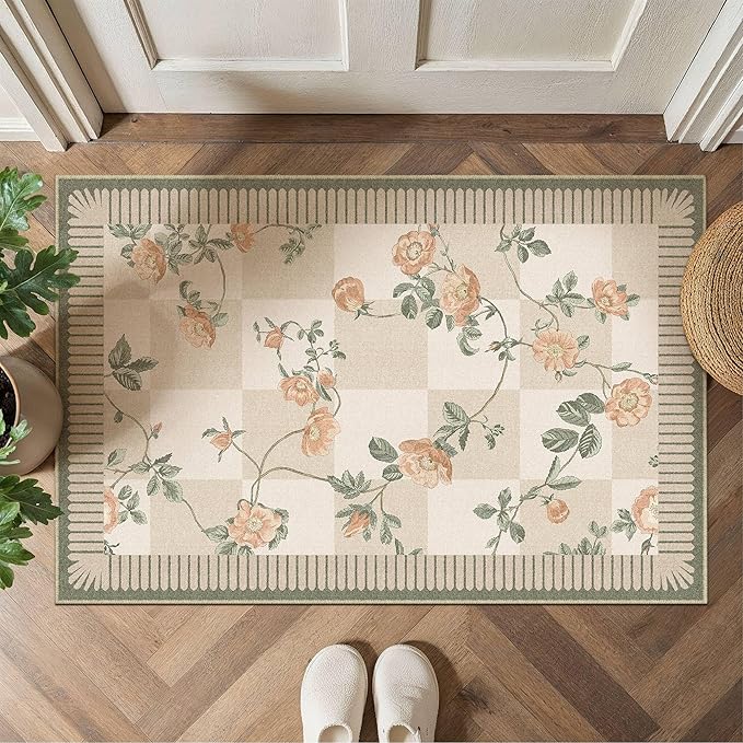HUGEAR 2x3 Checkered Rugs for Entryway Machine Washable Beige Small Carpet Floral Print Non-Slip Stain Resistant Low Pile Indoor Throw for Entrance Kitchen Bedroom Dining Laundry