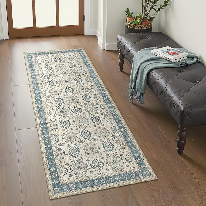 2x5 Runner Rug Machine Washable Boho Runners for Hallway,Ultra-Thin Low Pile Rug,Lightweight Indoor Carpet,Non Slip Floral Runners for Enrtyway, Corridor, Home Office, Kitchen,Aqua Blue