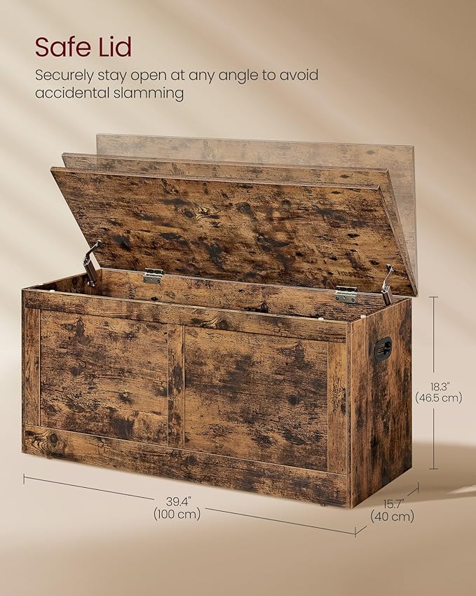 VASAGLE Storage Chest, Storage Trunk with 2 Safety Hinges, Storage Bench, Shoe Bench, Farmhouse Style, 15.7 x 39.4 x 18.3 Inches, for Entryway, Bedroom, Living Room, Rustic Brown ULSB164K01