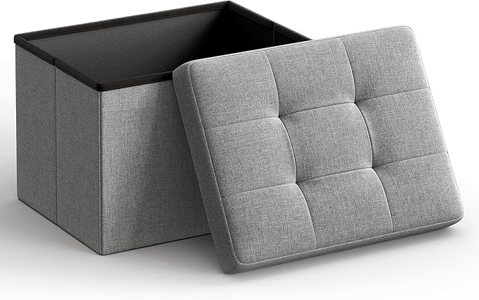 SONGMICS Mazie Collection - Small Folding Storage Ottoman, Foot Rest Stool, 12.2 x 16.1 x 12.2 Inches, 286 lb Load Capacity, for Living Room, Bedroom, Home Office, Dorm, Light Gray ULSF102G02