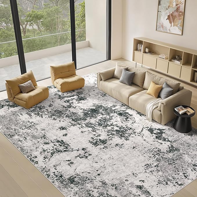 Area Rugs for Living Room: 6x9 Abstract Washable Rug Large Soft Stain Resistant Non-Slip Backing for Bedroom Dining Room Indoor Home Office Carpet for Kids Pet Friendly Families - Dark Grey
