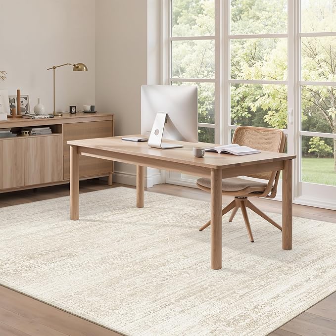 5x7 Area Rugs for Living Room, Washable Non-Slip Low Pile Natural Vintage Floral Rug Soft Throw Carpet for Dining Room Bedroom Home Office Nursery (Beige/Cream, 5'x7')