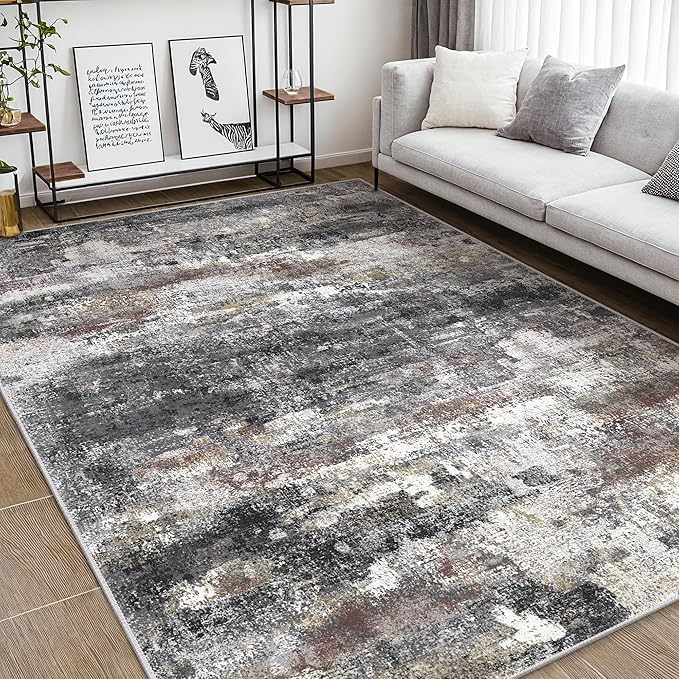 Area Rugs 5x7 for Living Room Bedroom, Modern Abstract Machine Washable Soft Dark Gray Rug, Floor Carpet with Non Slip Backing for Dining Room