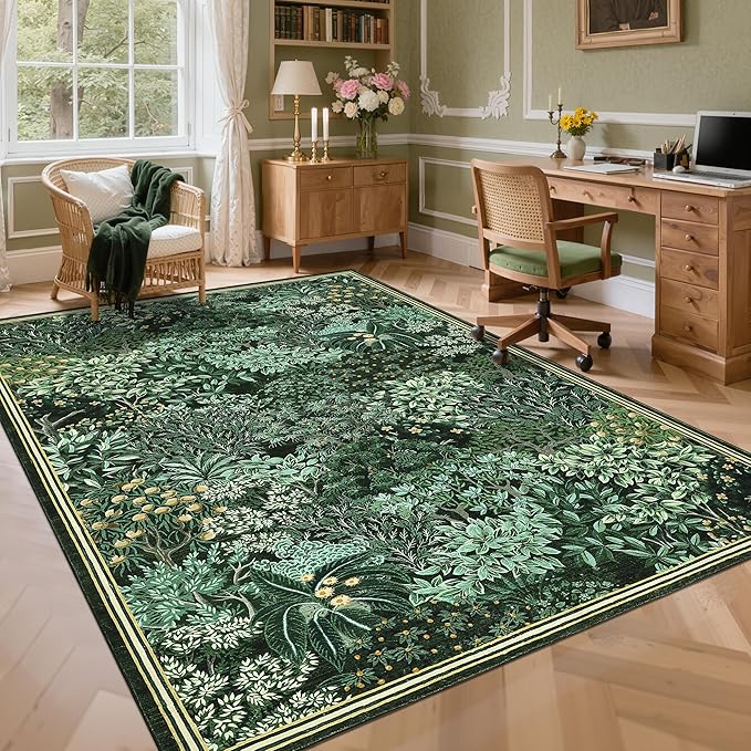 GarveeHome Forest Rugs 8x10, Dark Green Washable 8x10 Area Rug for Living Room, Botanical Low Pile Non Slip Stain Resistance Large Carpet for Office Dining Room, Farmhouse