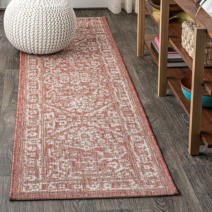JONATHAN Y Boho Medallion Indoor Outdoor Runner Rug 2X10 Red/Taupe, Malta Textured Weave for Backyard, Patio, Porch, Easy-Cleaning, High Traffic, Pet-Friendly, Non-Shedding (SMB104A-210)