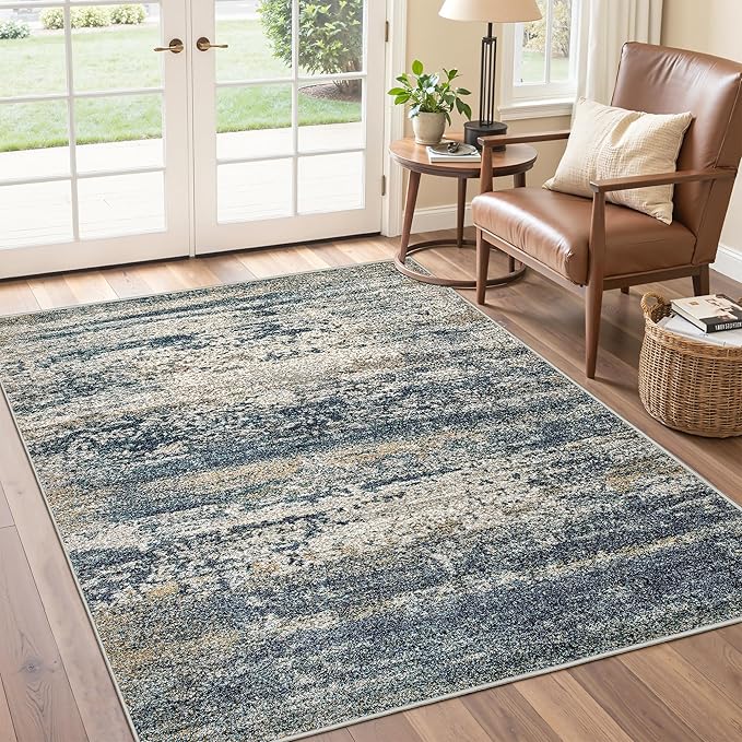 Art&Tuft Washable Rug, Anti-Slip Backing Abstract 4x6 Rug, Stain Resistant Rugs for Living Room, Foldable Machine Washable Area Rug (TPR19-Navy, 4'x6')