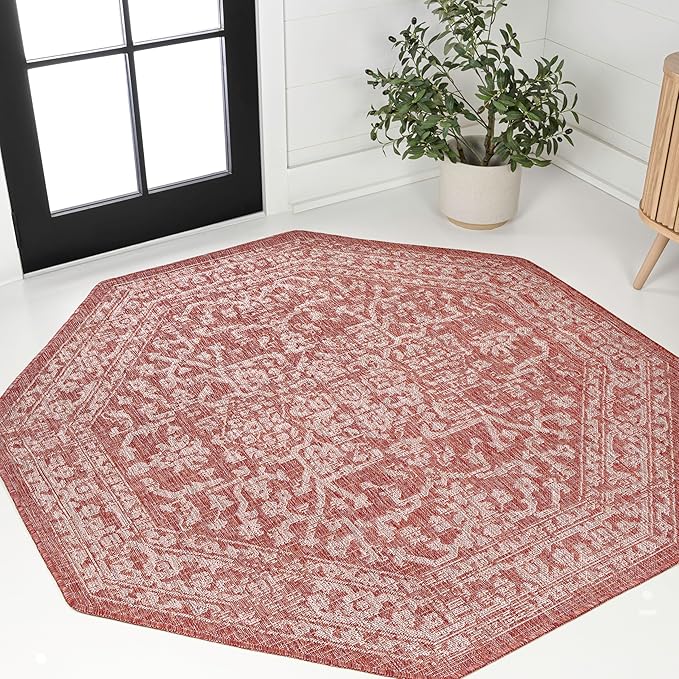 JONATHAN Y Boho Medallion Indoor Outdoor Octagon Area Rug 8 Ft Red/Taupe, Malta Textured Weave for Backyard, Patio, Porch, Easy-Cleaning, High Traffic, Pet-Friendly, Non-Shedding (SMB104A-8TGN)