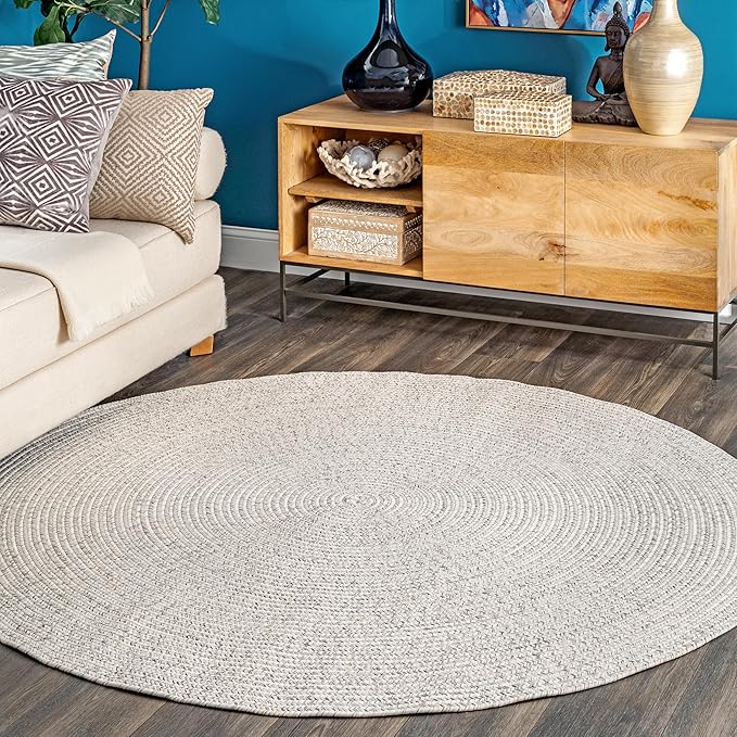 nuLOOM 4' Round Solid Hand Braided Indoor/Outdoor Area Rug, Pet-Friendly, High Traffic, Weather Resistant, for Patio, Balcony, Bedroom, Living, Dining Room, Wynn Ivory