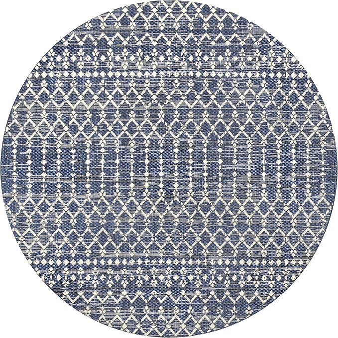 JONATHAN Y Moroccan Geometric Indoor Outdoor Round Area Rug 9 Ft Navy/Beige, Ourika Textured Weave for Backyard, Patio, Porch, Easy-Cleaning, High Traffic, Pet-Friendly, Non-Shedding (SMB108K-9R)