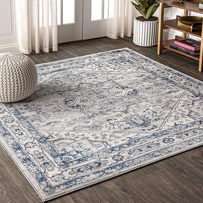 JONATHAN Y Modern Vintage Medallion Light Gray/Navy 6x6 Square Indoor Area Rug, Country, Floral, Easy-Cleaning for Living Room, Bedroom, Kitchen, Pet Friendly, Non-Shedding (MDP106B-6SQ)