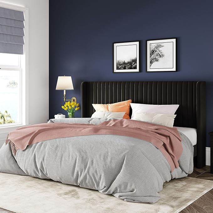 Allewie King Size Velvet Bed Frame/Vertical Channel Tufted Wingback Headboard/Upholstered Platform Bed/Strong Wooden Slats/No Box Spring Needed/Easy Assembly/Black