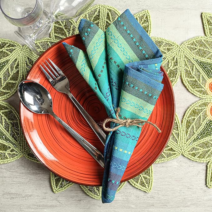 Multi Color Cotton Hemstich Napkin, Decorative Cocktail Machine Washable Dinner Napkin with Mitered Corner for Wedding Christmas Everyday Use - Pack of 12-18x18 Inch - Green Blue Multi
