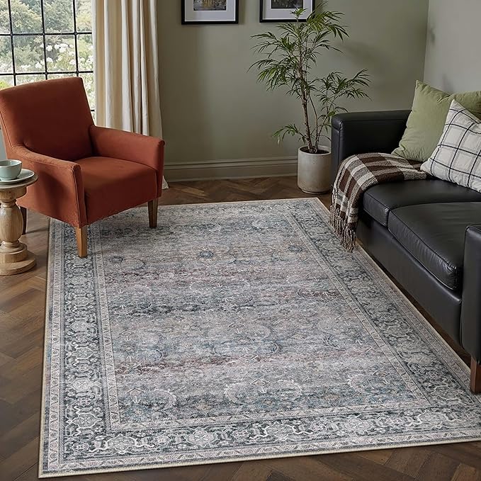 HUGEAR 5x7 Washable Area Rug Vintage Neutral Living Room Bedroom Rug Large Soft Non Slip Distressed Low Pile Carpet