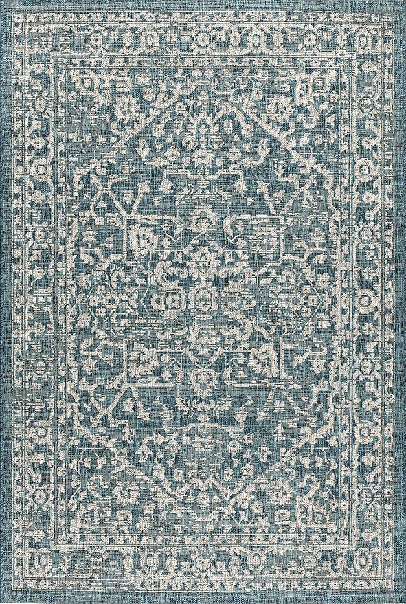 JONATHAN Y Boho Medallion Indoor Outdoor Area Rug 4X6 Teal/Gray, Malta Textured Weave for Backyard, Patio, Porch, Easy-Cleaning, High Traffic, Pet-Friendly, Non-Shedding (SMB104B-4)