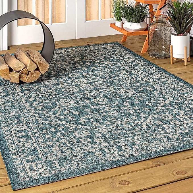 JONATHAN Y Boho Medallion Indoor Outdoor Area Rug 4X6 Teal/Gray, Malta Textured Weave for Backyard, Patio, Porch, Easy-Cleaning, High Traffic, Pet-Friendly, Non-Shedding (SMB104B-4)