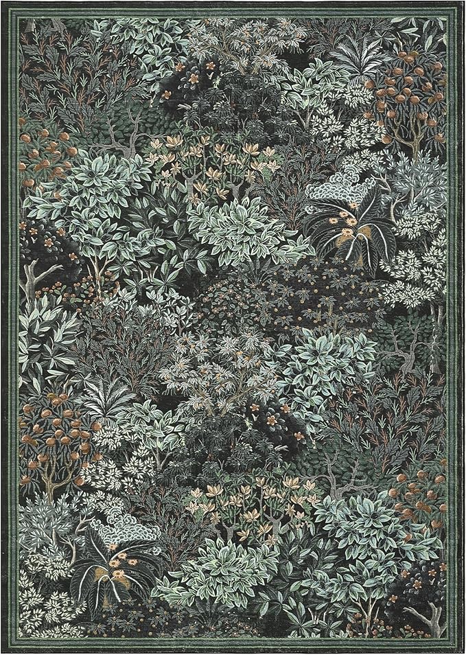 GarveeHome Forest Rugs 6x9, Black Green Washable Area Rug for Living Room, Botanical Low Pile Non Slip Stain Resistance Woodland Area Rug for Farmhouse, Bedroom, Dining Room